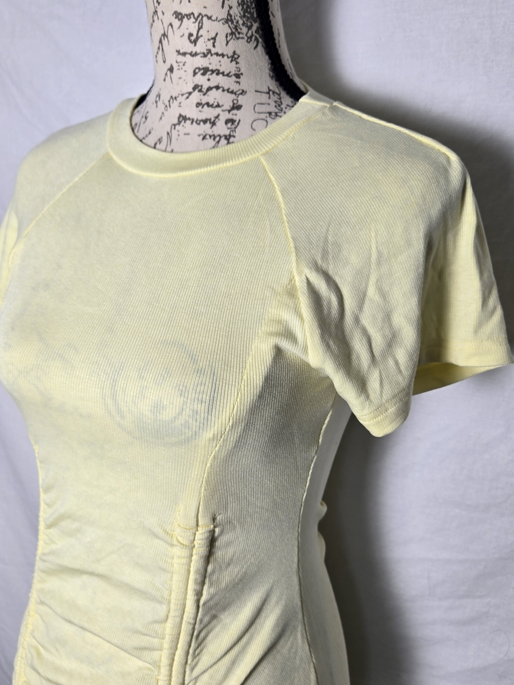 Edit by Nine Yellow Ruched Ribbed Mini Dress | Short Sleeve Drawstring - M - Picture 2 of 6